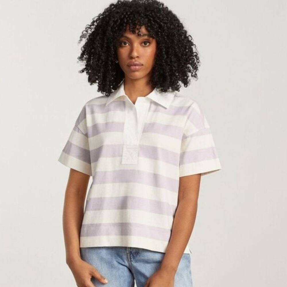 Everlane Orchid Stripe Polo Shirt Size XS Purple White Short Sleeve Cotton NEW - Picture 1 of 11